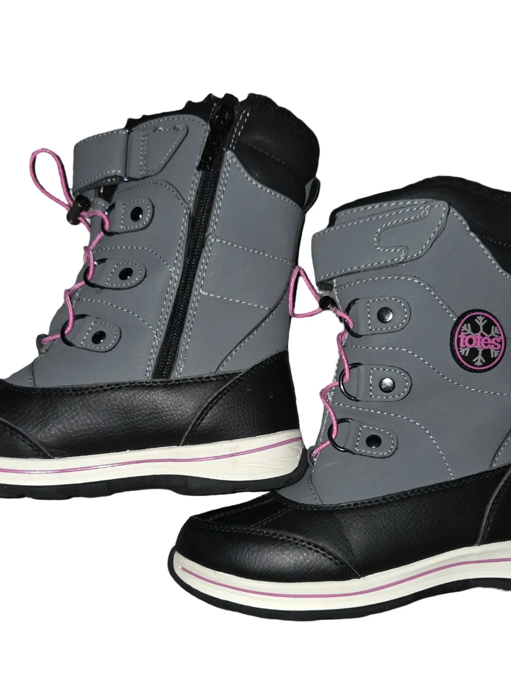 totes Kids Grey and Black Snow Boots with Pink Laces